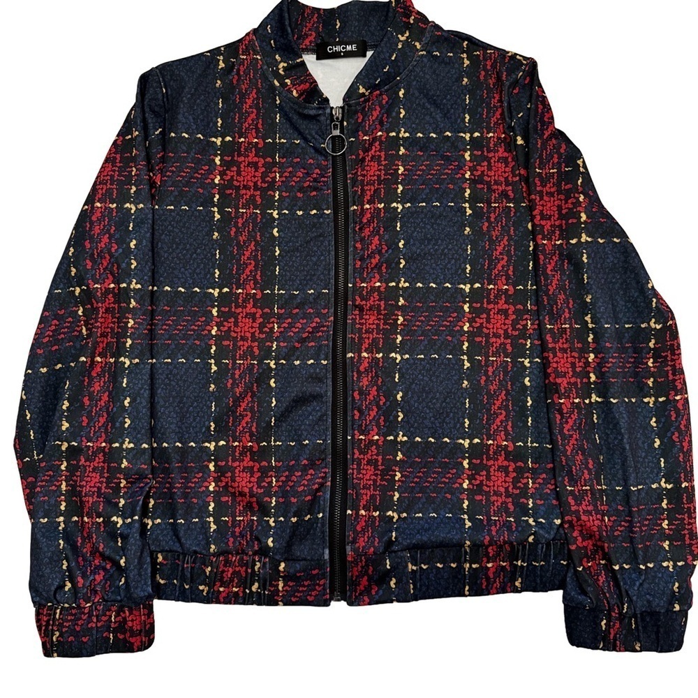 CHICME Red & Blue Plaid Jacket Shirt Top Size Small Zip Front Elastic at Waist